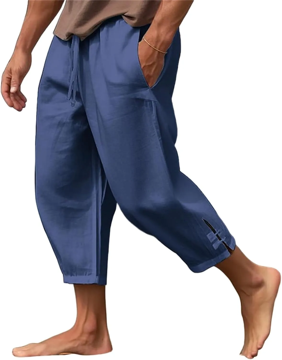 Mens 3/4 Pants Loose Elastic Waisted Lightweight Lounge Pant Drawstring Beach Summer Yoga Hippie Capri Slacks Pockets