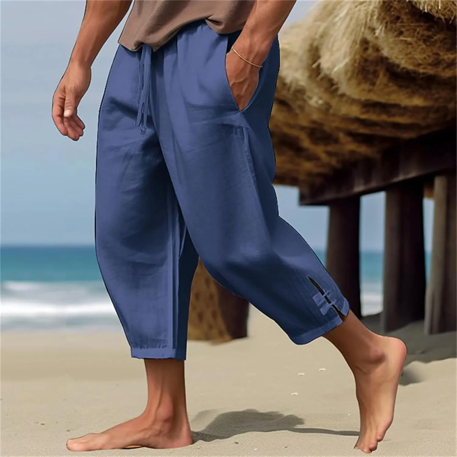 Mens 3/4 Pants Loose Elastic Waisted Lightweight Lounge Pant Drawstring Beach Summer Yoga Hippie Capri Slacks Pockets
