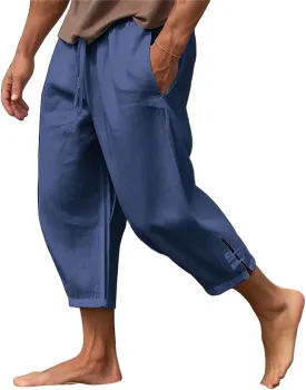 Mens 3/4 Pants Loose Elastic Waisted Lightweight Lounge Pant Drawstring Beach Summer Yoga Hippie Capri Slacks Pockets