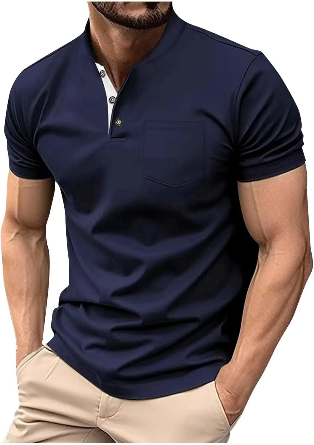 Men's Band Collar Henley Shirts Casual Short Sleeve Zipper Classic Golf T Shirt Summer Fashion Sport Workout Tee Top