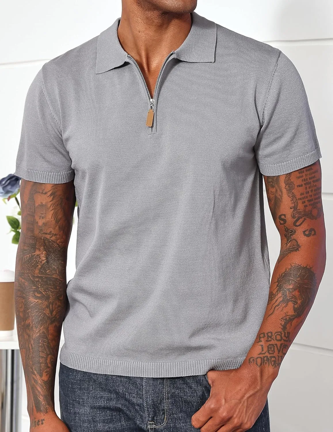 Men's Casual Zipper Polo Shirts Regular Fit Short Sleeve Knitting Shirts Stretchy Golf Shirts