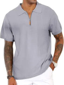 Men's Casual Zipper Polo Shirts Regular Fit Short Sleeve Knitting Shirts Stretchy Golf Shirts