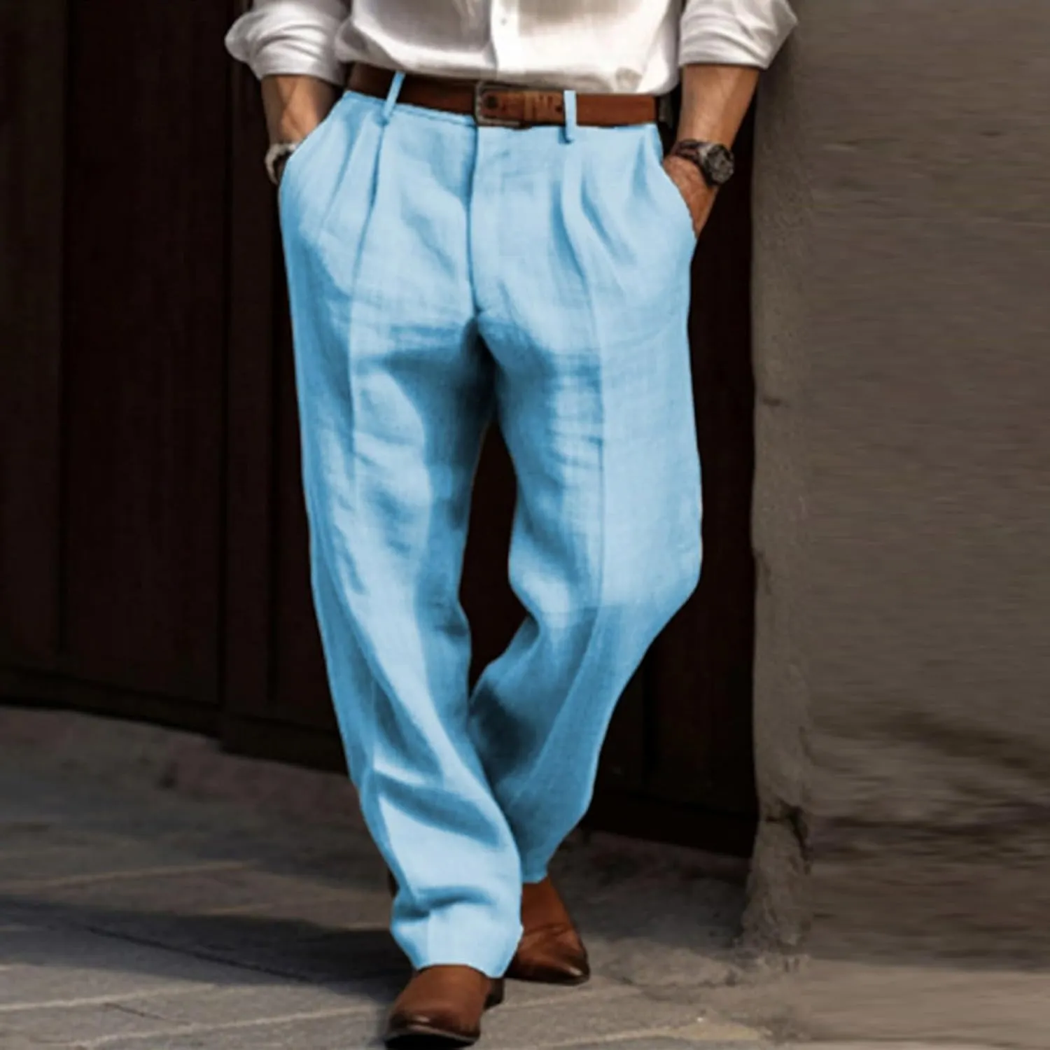 Mens Dress Pants Relaxed Fit Casual Cotton Linen Pleated Front Work Suit Pants Straight Leg Slacks Comfort Trousers