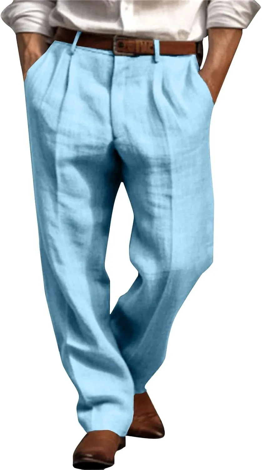 Mens Dress Pants Relaxed Fit Casual Cotton Linen Pleated Front Work Suit Pants Straight Leg Slacks Comfort Trousers