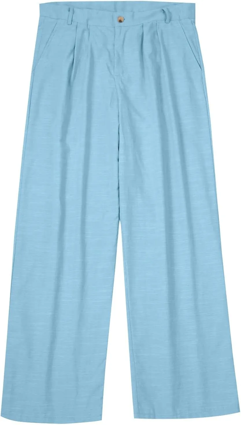 Mens Dress Pants Relaxed Fit Casual Cotton Linen Pleated Front Work Suit Pants Straight Leg Slacks Comfort Trousers