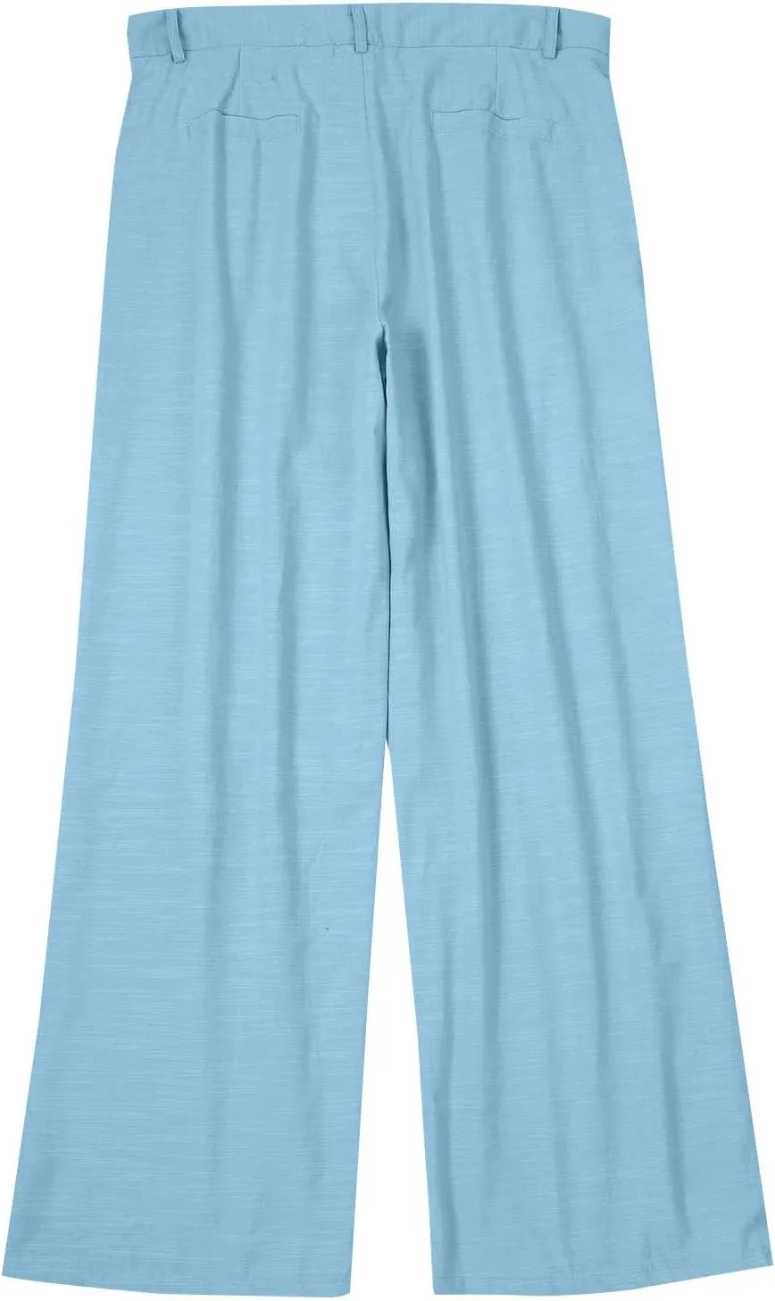 Mens Dress Pants Relaxed Fit Casual Cotton Linen Pleated Front Work Suit Pants Straight Leg Slacks Comfort Trousers
