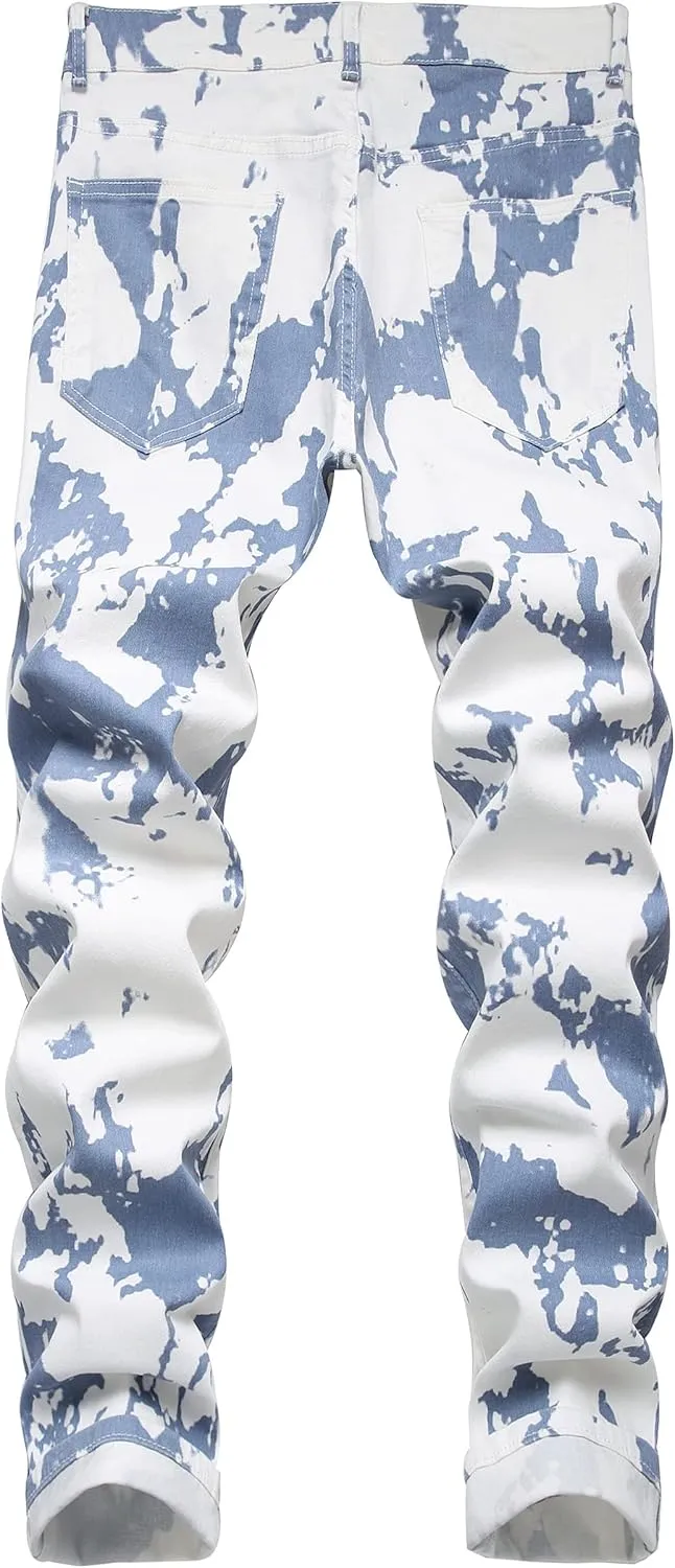 Men's Skinny Stretch Jeans Fashion Printed Slim Fit Jeans Comfort Flex Waist Casual Pants