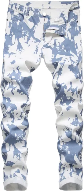 Men's Skinny Stretch Jeans Fashion Printed Slim Fit Jeans Comfort Flex Waist Casual Pants
