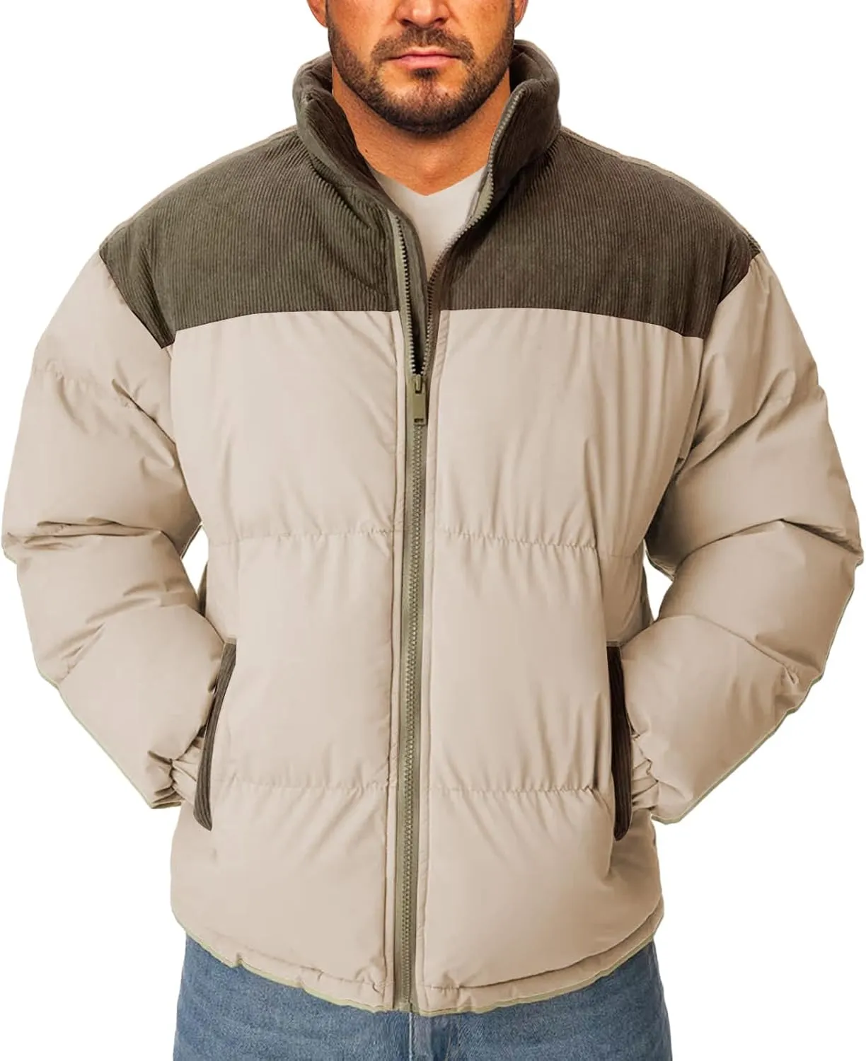 Mens Water Resistant Lightweight Puffer Jacket, Warm Winter Coat with Long Sleeve Zip Up, Quilted Down Jackets
