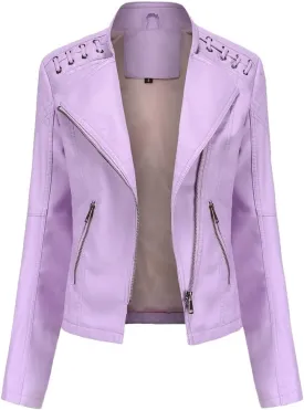 NATHGAM Womens Leather Jacket Long Sleeve Cropped Tops with Zipper Pockets Lightweight Vegan Lapel Biker Jacket Outerwear