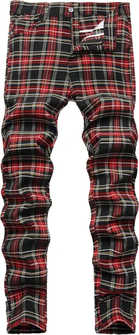 Plaid Pants for Men, Stretch Mens Slim Fit Dress Pants Skinny Flat-Front Fashion Business Casual Chinos Pants