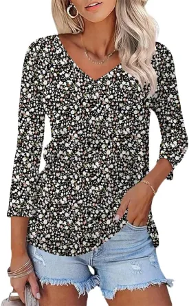 Poetsky Womens 3/4 Sleeve V Neck T Shirts Summer Casual Tops Basic Tees