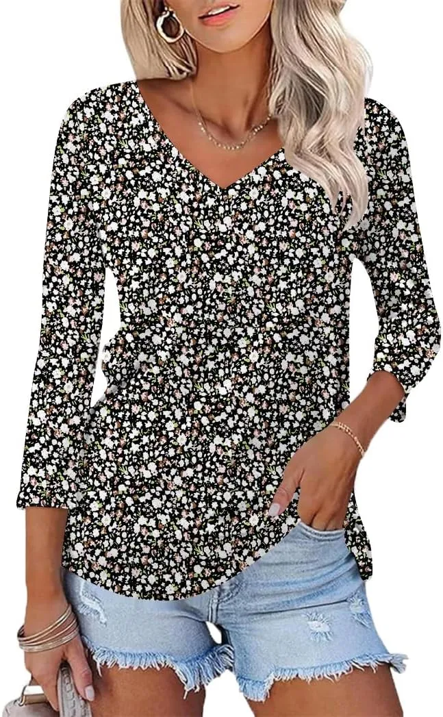 Poetsky Womens 3/4 Sleeve V Neck T Shirts Summer Casual Tops Basic Tees