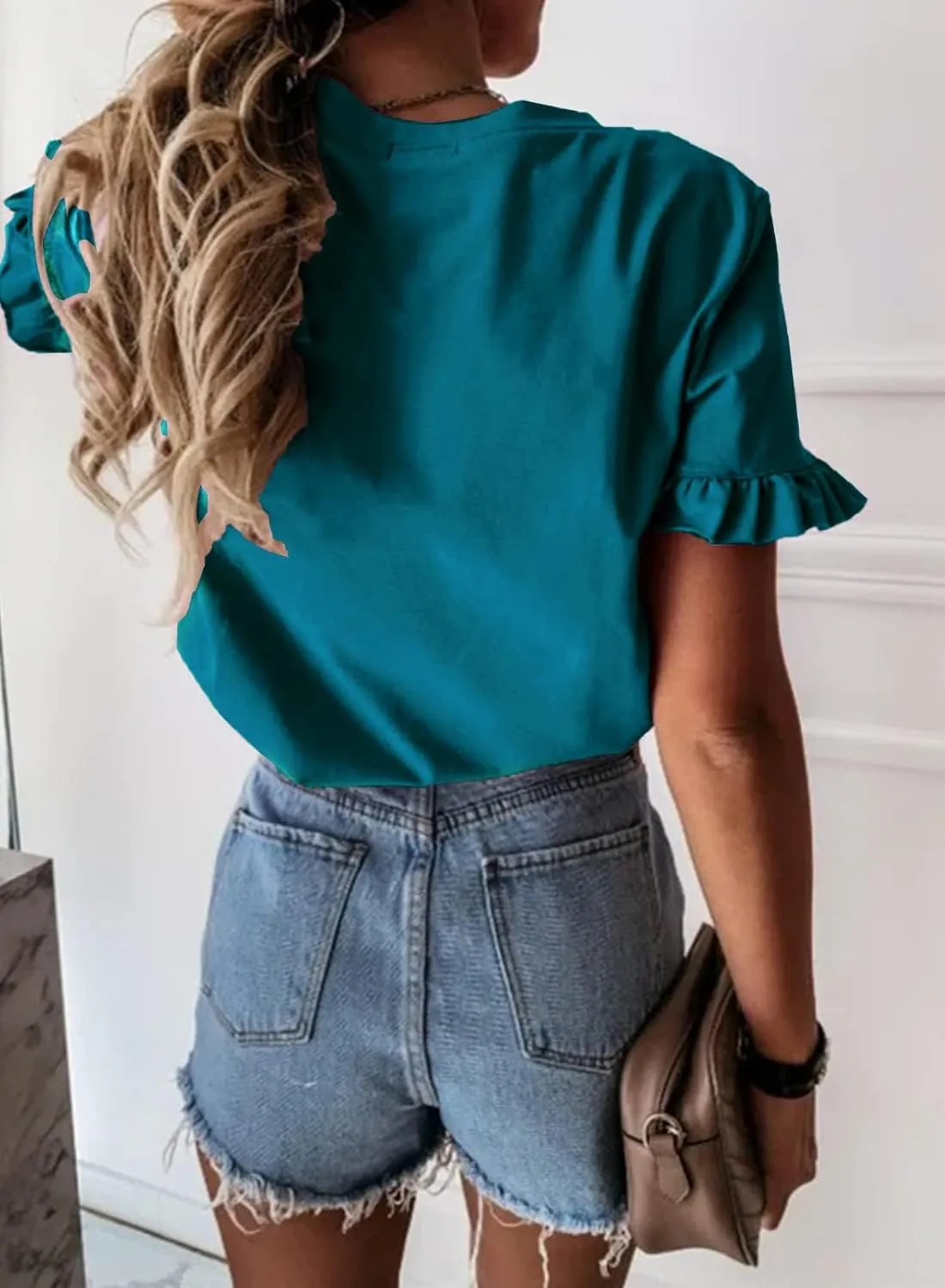 PRETTYGARDEN Women's Short Sleeve Casual T Shirts Summer Ruffle Plain Round Neck Loose Fit Tee Blouse Tops