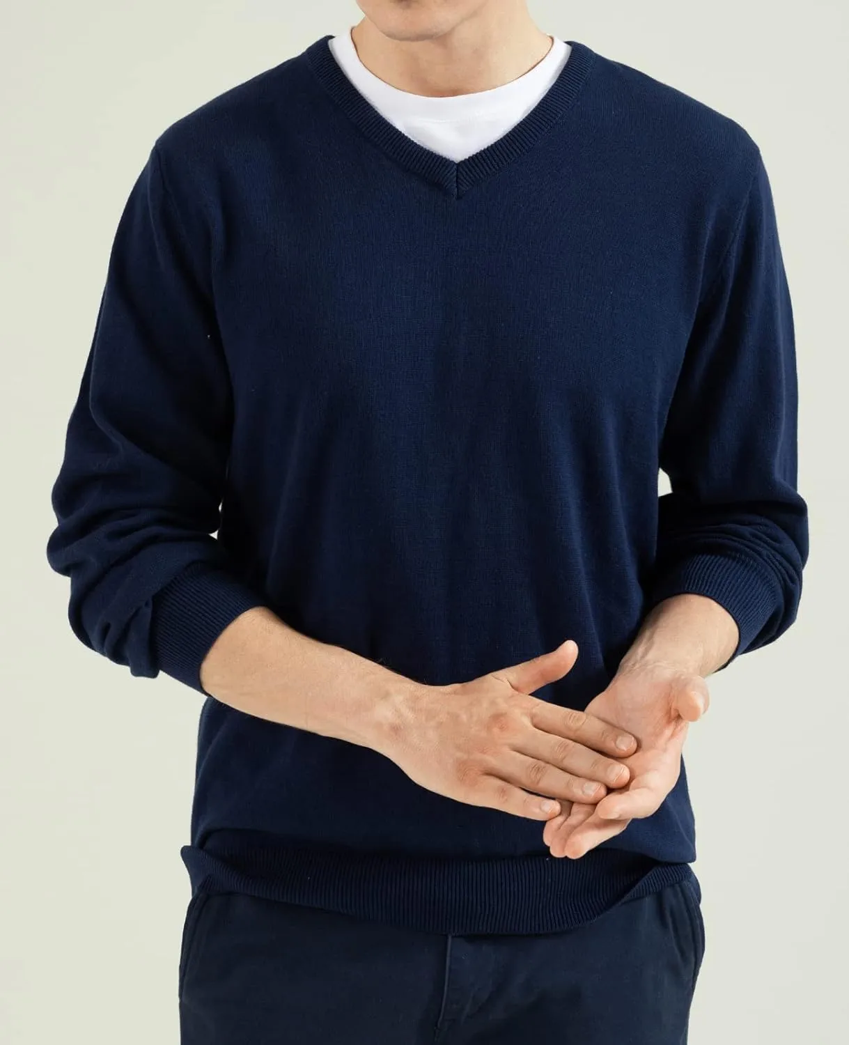 QUALFORT Mens 100% Cotton V-Neck Sweater, Soft Lightweight Pullover Knitwear for Casual Wear