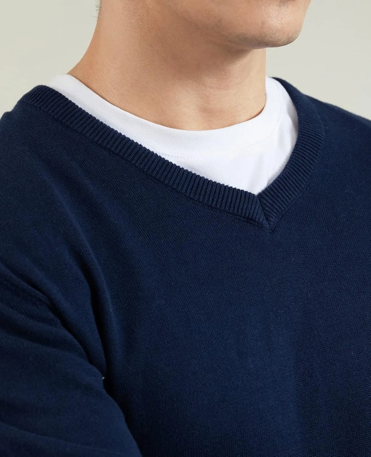 QUALFORT Mens 100% Cotton V-Neck Sweater, Soft Lightweight Pullover Knitwear for Casual Wear