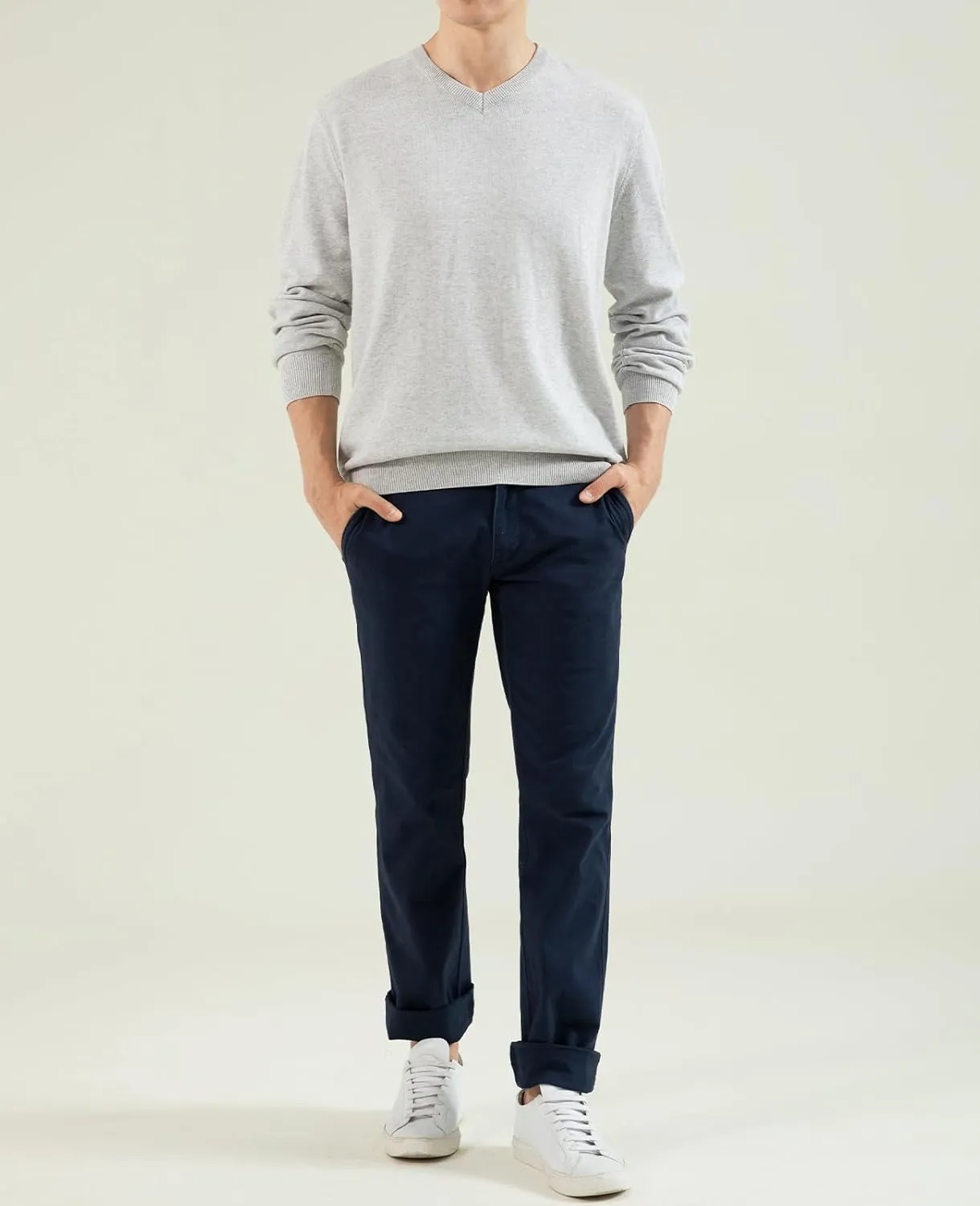 QUALFORT Mens 100% Cotton V-Neck Sweater, Soft Lightweight Pullover Knitwear for Casual Wear