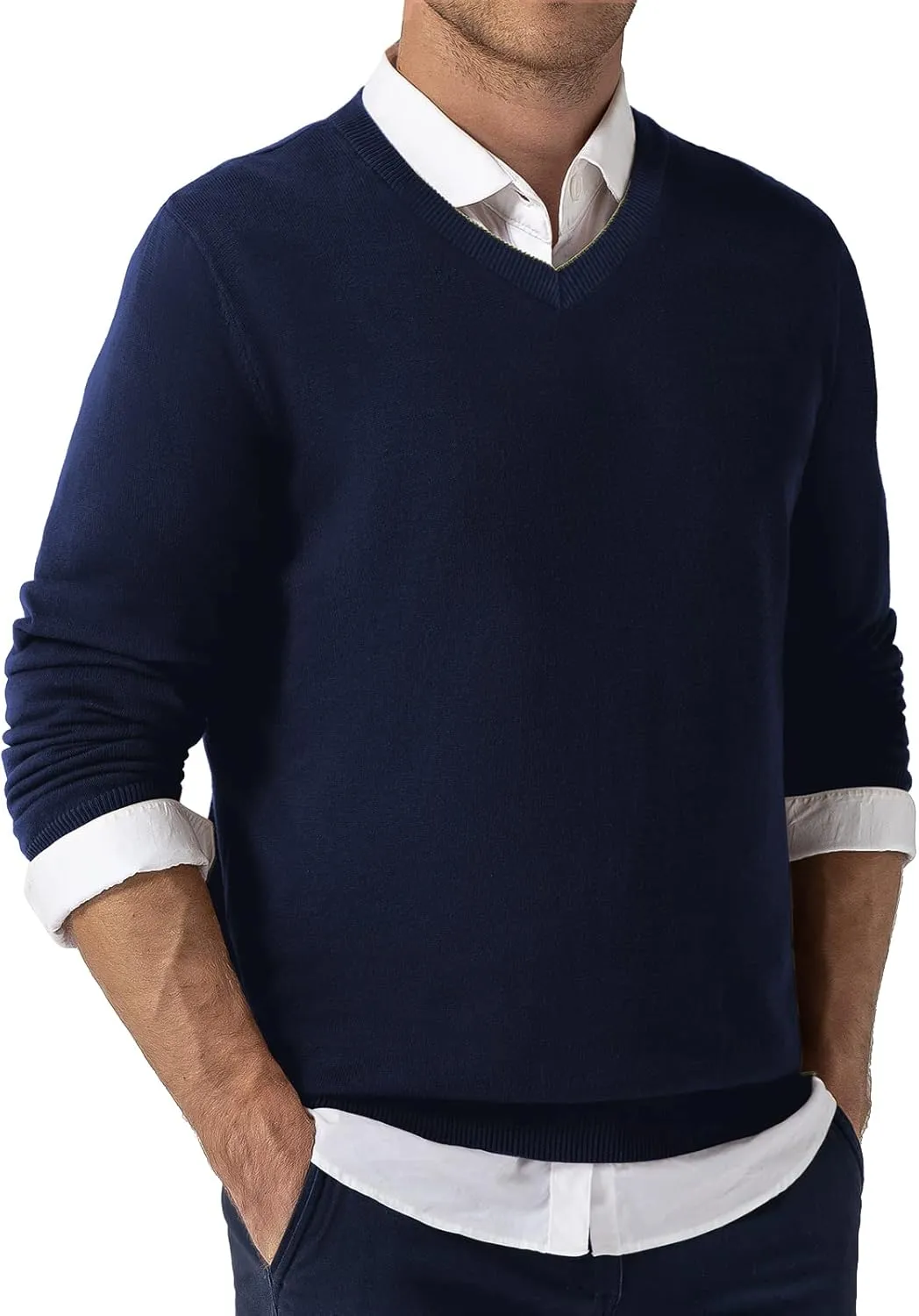 QUALFORT Mens 100% Cotton V-Neck Sweater, Soft Lightweight Pullover Knitwear for Casual Wear