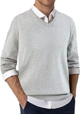 QUALFORT Mens 100% Cotton V-Neck Sweater, Soft Lightweight Pullover Knitwear for Casual Wear