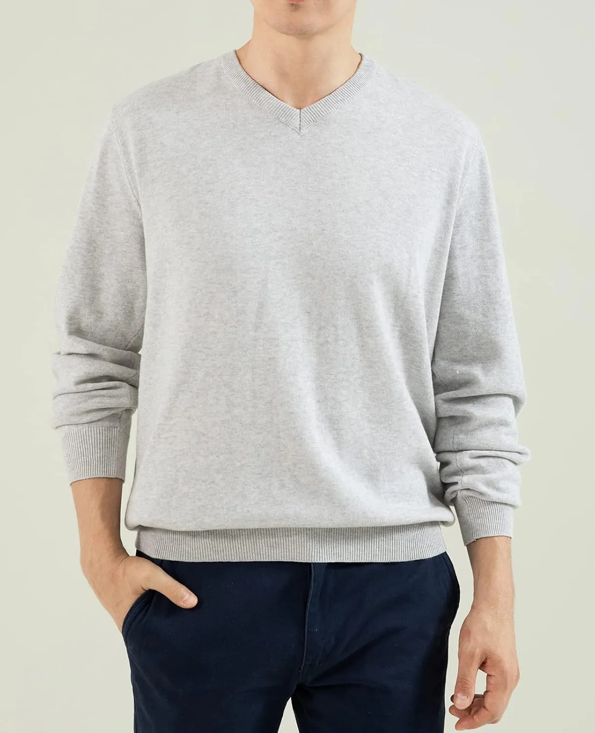 QUALFORT Mens 100% Cotton V-Neck Sweater, Soft Lightweight Pullover Knitwear for Casual Wear