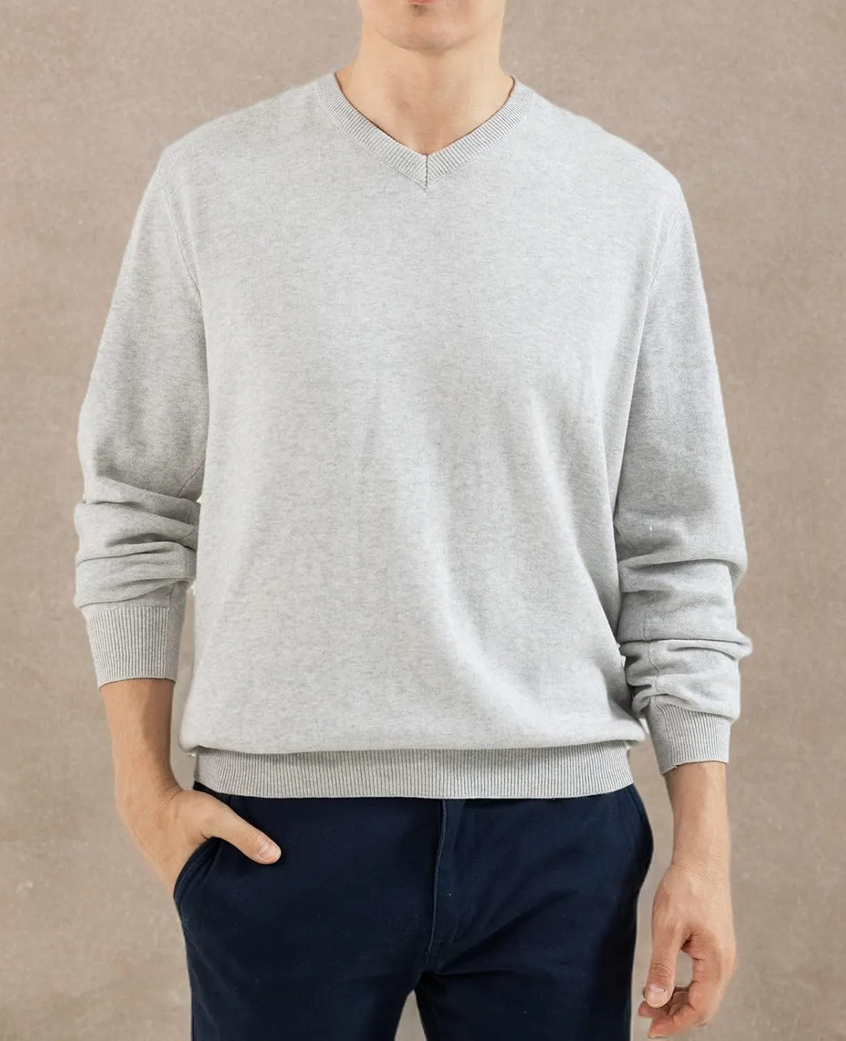 QUALFORT Mens 100% Cotton V-Neck Sweater, Soft Lightweight Pullover Knitwear for Casual Wear