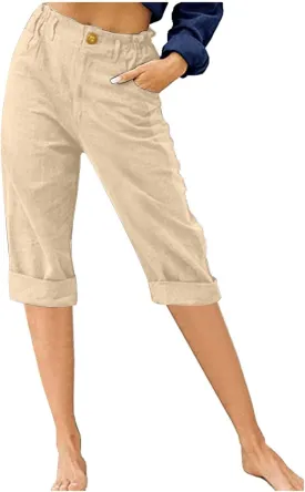 Ruziyoog Womens Capri Pants Casual 2025 Summer Drawstring Elastic Waist Cotton Linen Pant Cropped Comfy Baggy Trousers