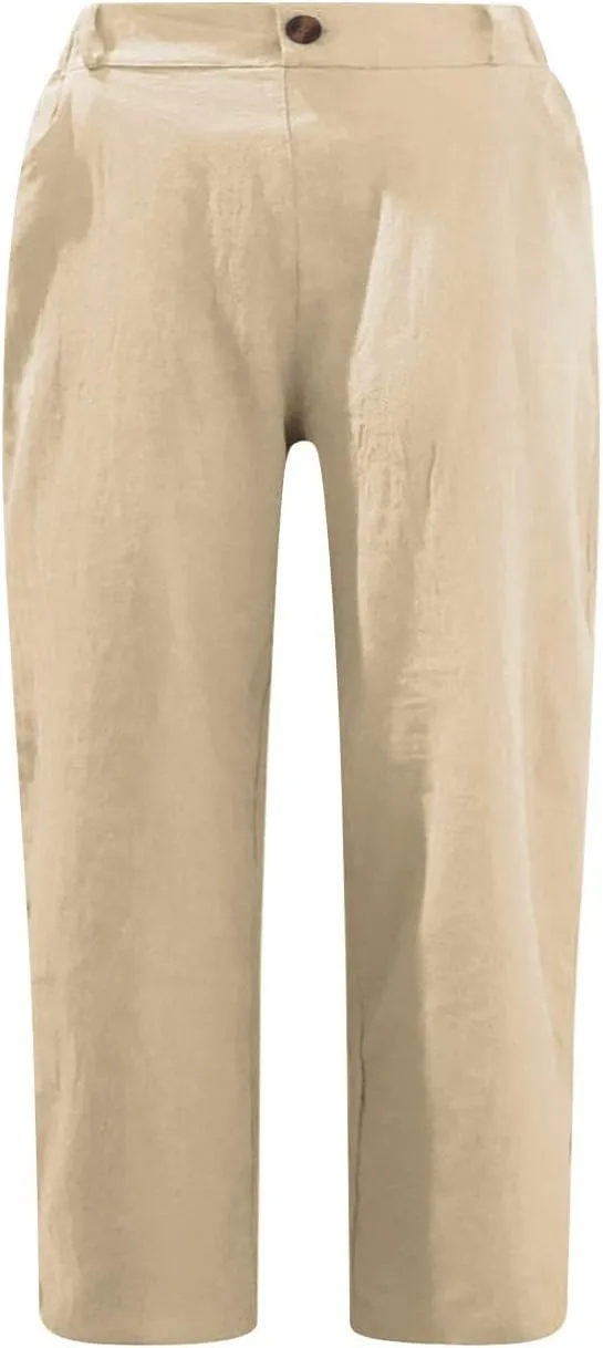 Ruziyoog Womens Capri Pants Casual 2025 Summer Drawstring Elastic Waist Cotton Linen Pant Cropped Comfy Baggy Trousers