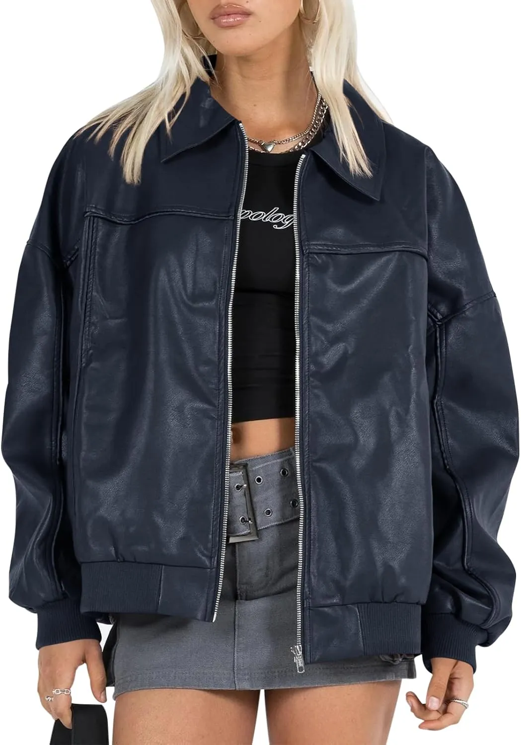 Tankaneo Womens Faux Leather Jackets Oversized Bomber Casual Fall Fashion Zip Up Moto Biker Coats