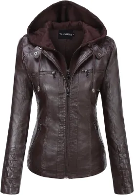 Tanming Women's Removable Hooded Faux Leather Jackets