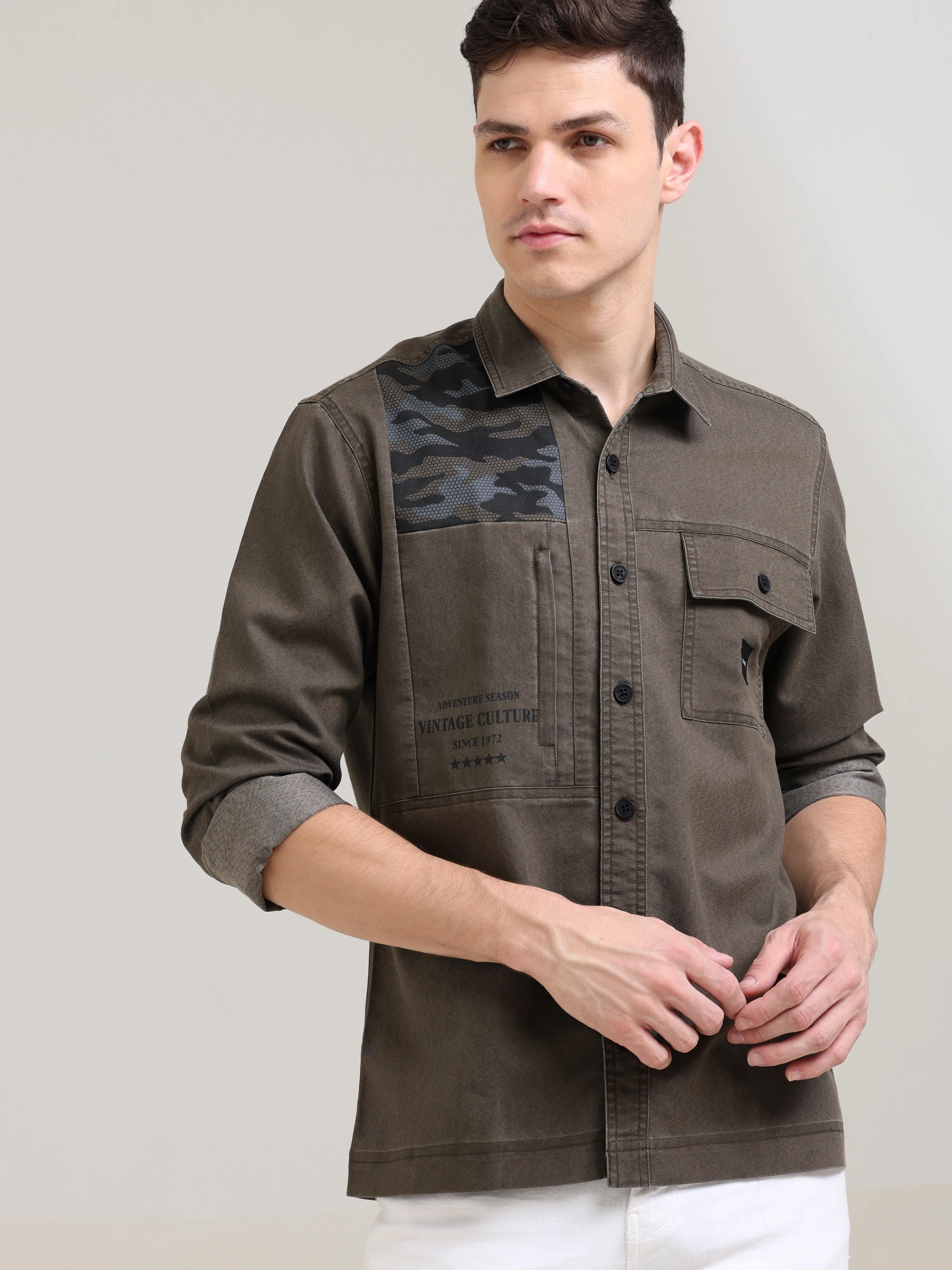 Taupe brown denim shirt