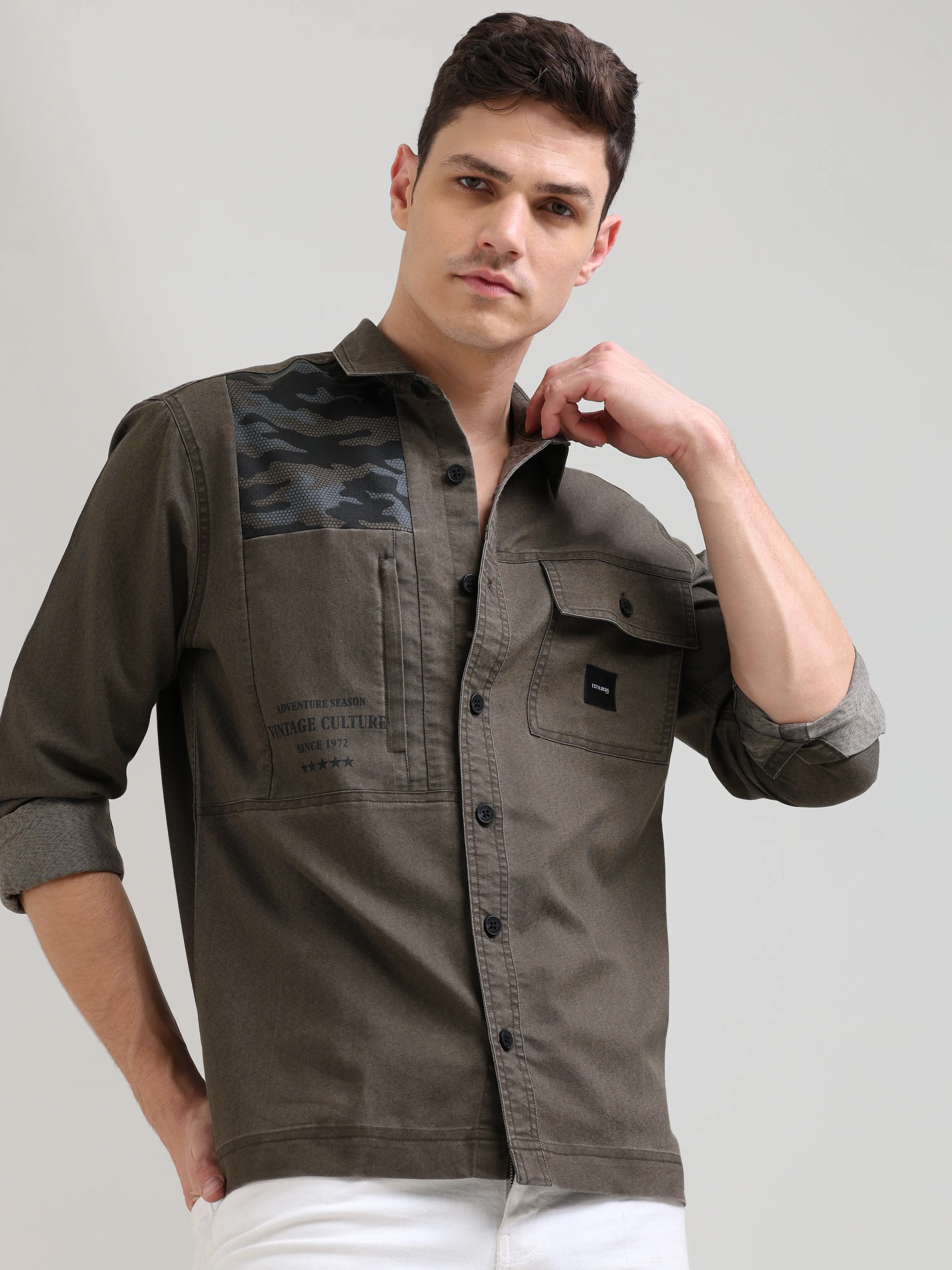 Taupe brown denim shirt
