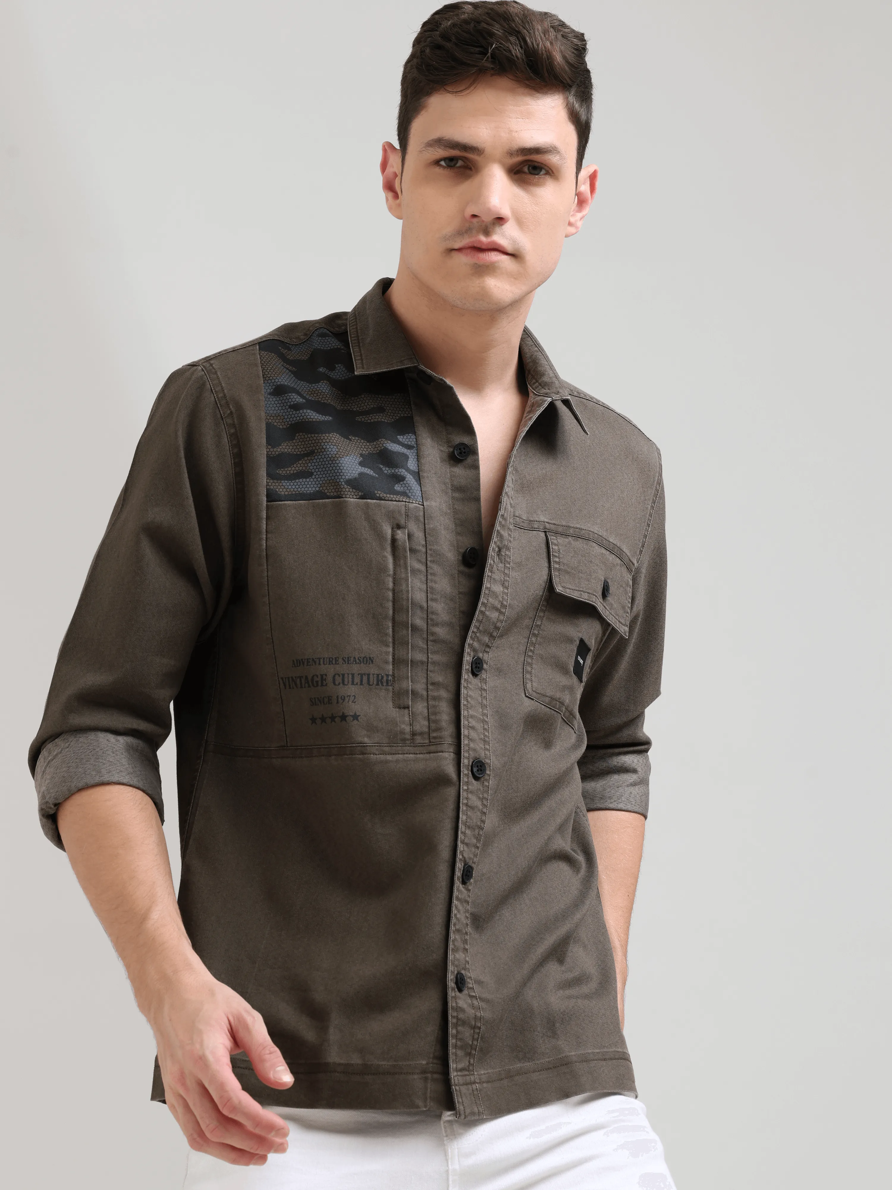 Taupe brown denim shirt
