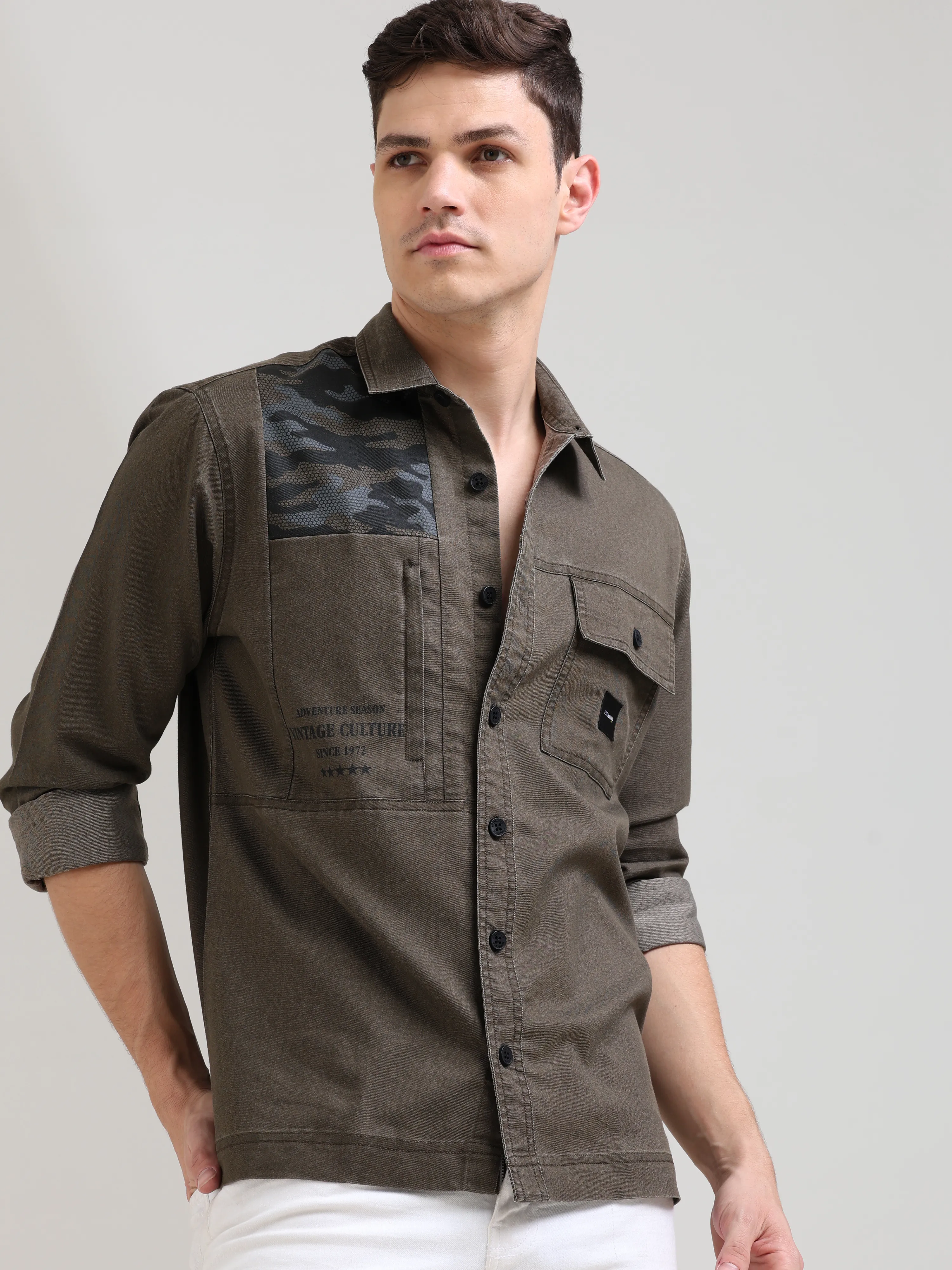 Taupe brown denim shirt