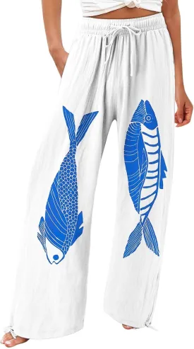 Women High Waisted Cotton Linen Boho Palazzo Pants Fish Art Printed Wide Leg Long Japanese Pant Trousers with Pockets