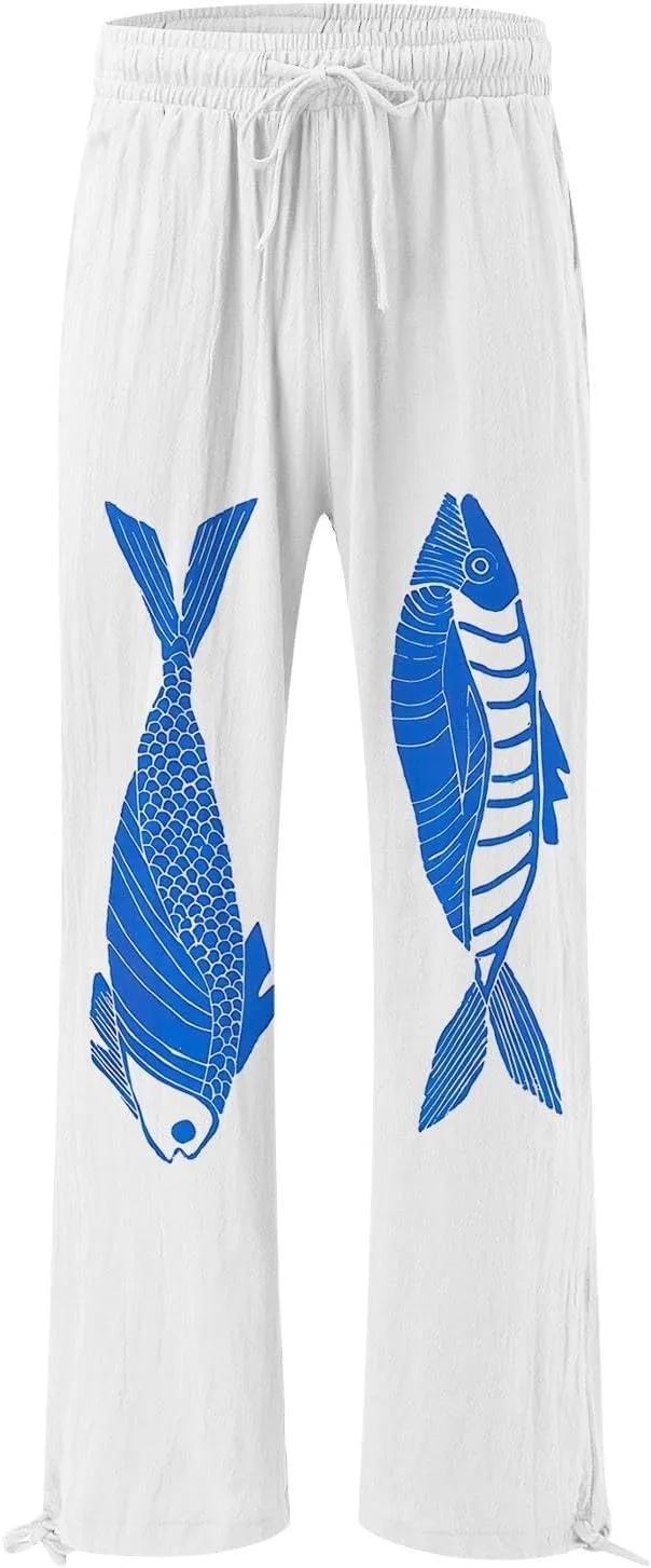 Women High Waisted Cotton Linen Boho Palazzo Pants Fish Art Printed Wide Leg Long Japanese Pant Trousers with Pockets