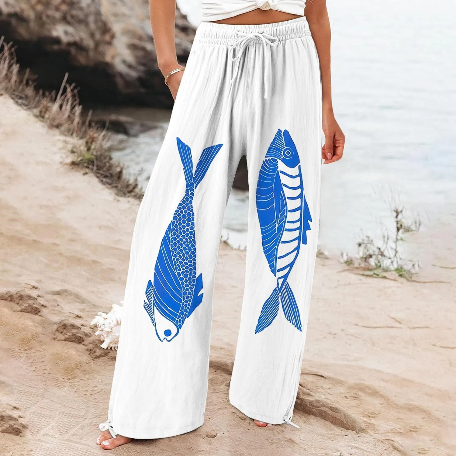 Women High Waisted Cotton Linen Boho Palazzo Pants Fish Art Printed Wide Leg Long Japanese Pant Trousers with Pockets