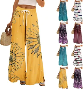 Women Summer Boho Palazzo Pants High Waist Wide Leg Floral Casual Trendy Lounge Trousers with Pockets