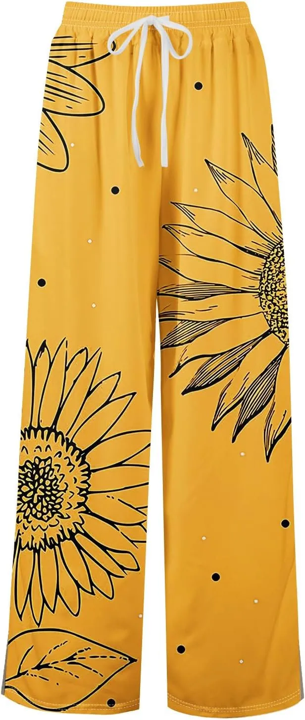 Women Summer Boho Palazzo Pants High Waist Wide Leg Floral Casual Trendy Lounge Trousers with Pockets