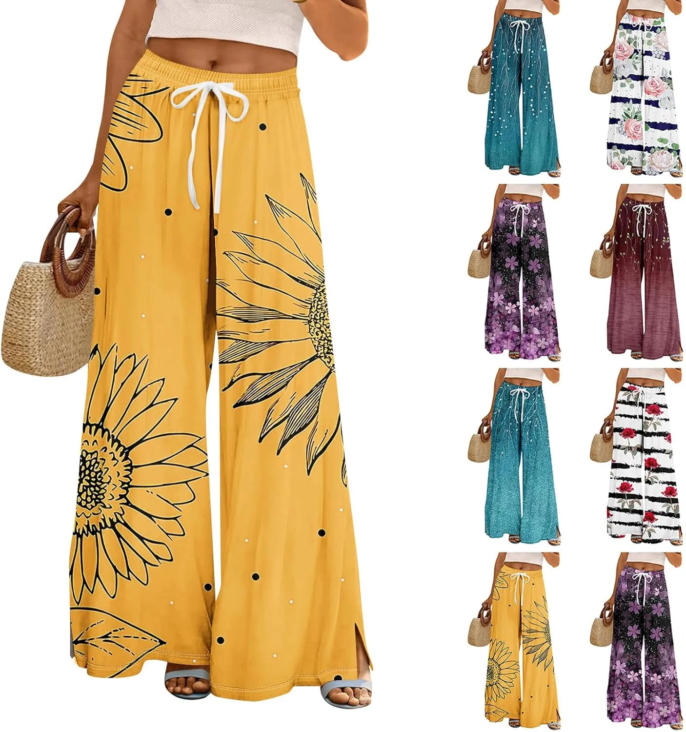 Women Summer Boho Palazzo Pants High Waist Wide Leg Floral Casual Trendy Lounge Trousers with Pockets