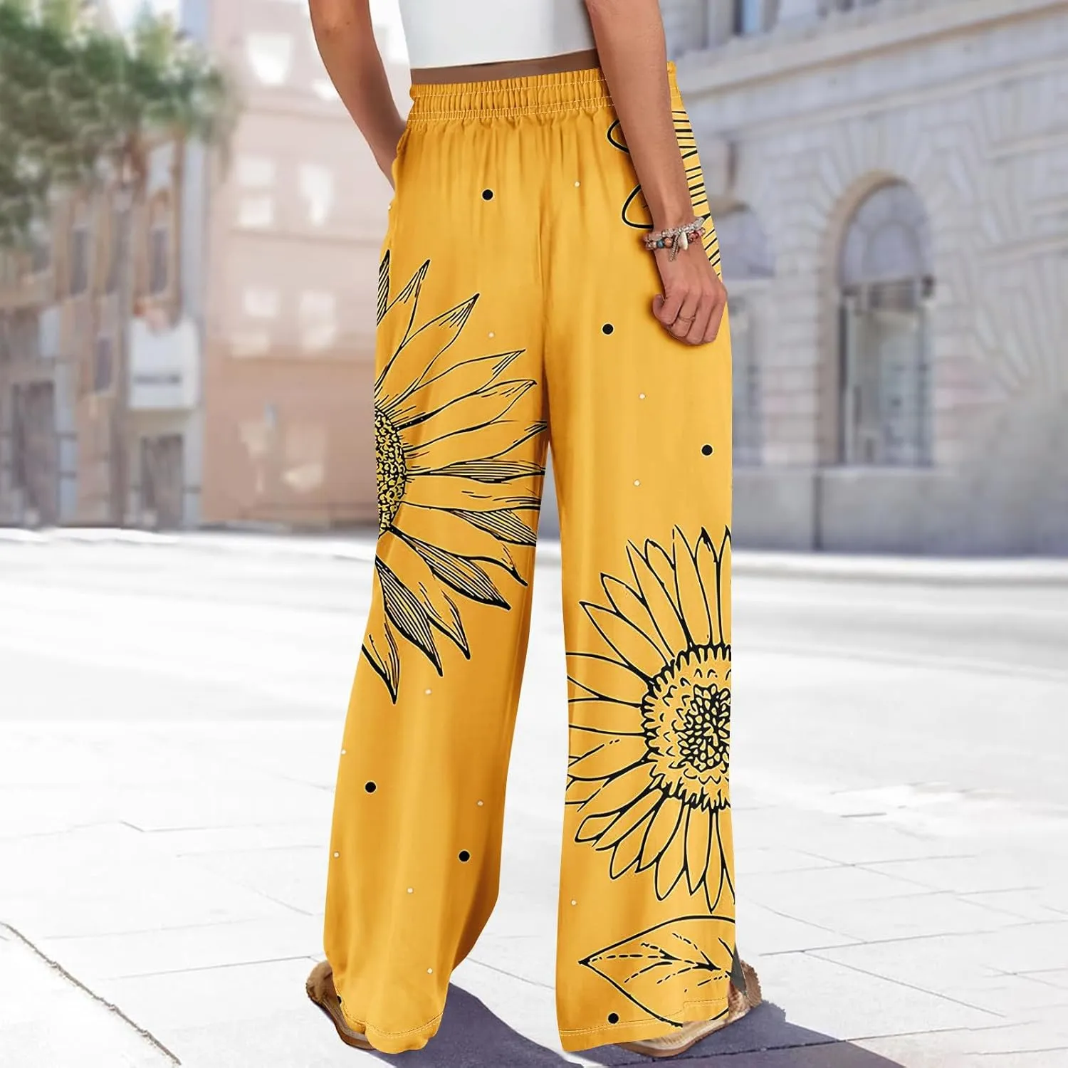 Women Summer Boho Palazzo Pants High Waist Wide Leg Floral Casual Trendy Lounge Trousers with Pockets