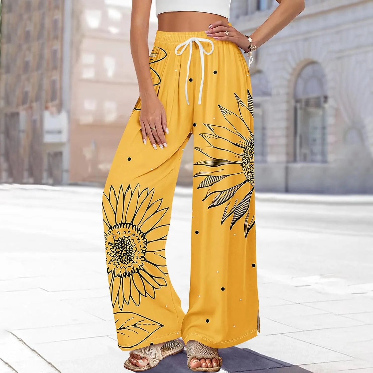 Women Summer Boho Palazzo Pants High Waist Wide Leg Floral Casual Trendy Lounge Trousers with Pockets