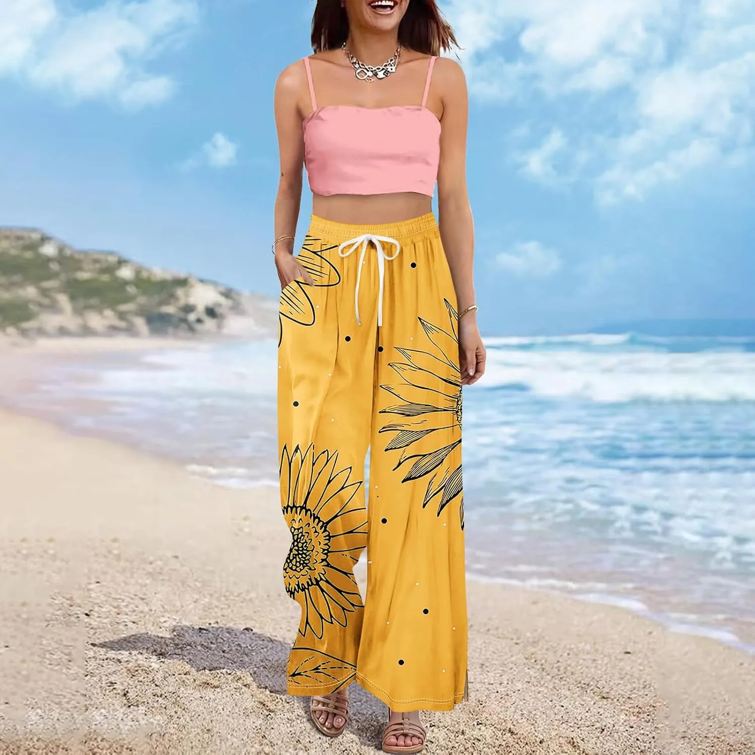 Women Summer Boho Palazzo Pants High Waist Wide Leg Floral Casual Trendy Lounge Trousers with Pockets