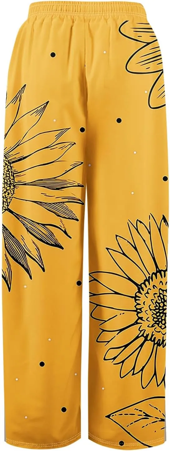 Women Summer Boho Palazzo Pants High Waist Wide Leg Floral Casual Trendy Lounge Trousers with Pockets