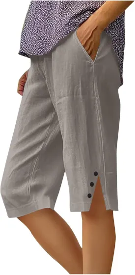 Womens Capri Pants 2025 Knee Length Cotton Linen Capris Summer Straight Leg Loose Beach Bermuda Shorts with Pockets