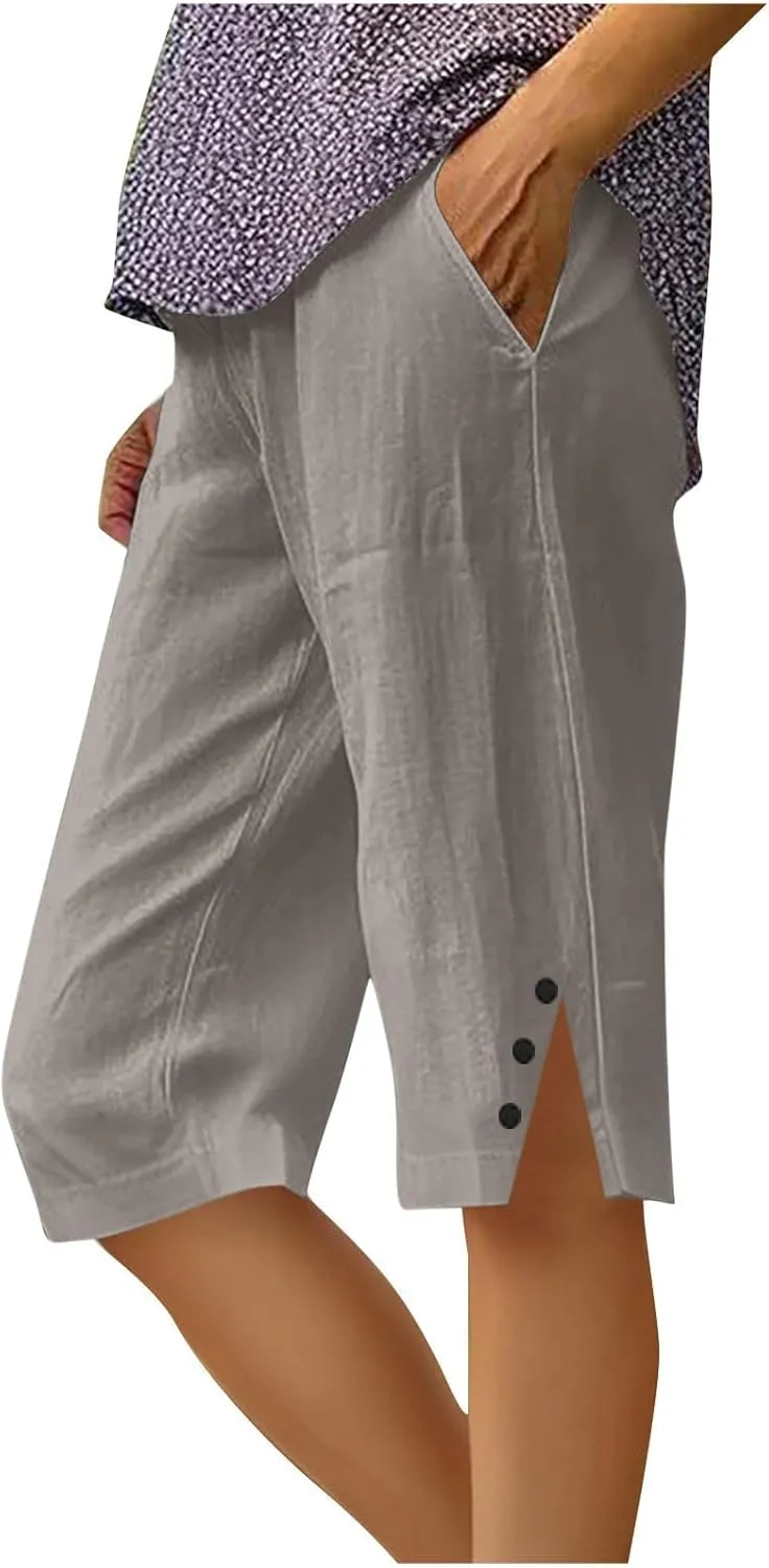 Womens Capri Pants 2025 Knee Length Cotton Linen Capris Summer Straight Leg Loose Beach Bermuda Shorts with Pockets