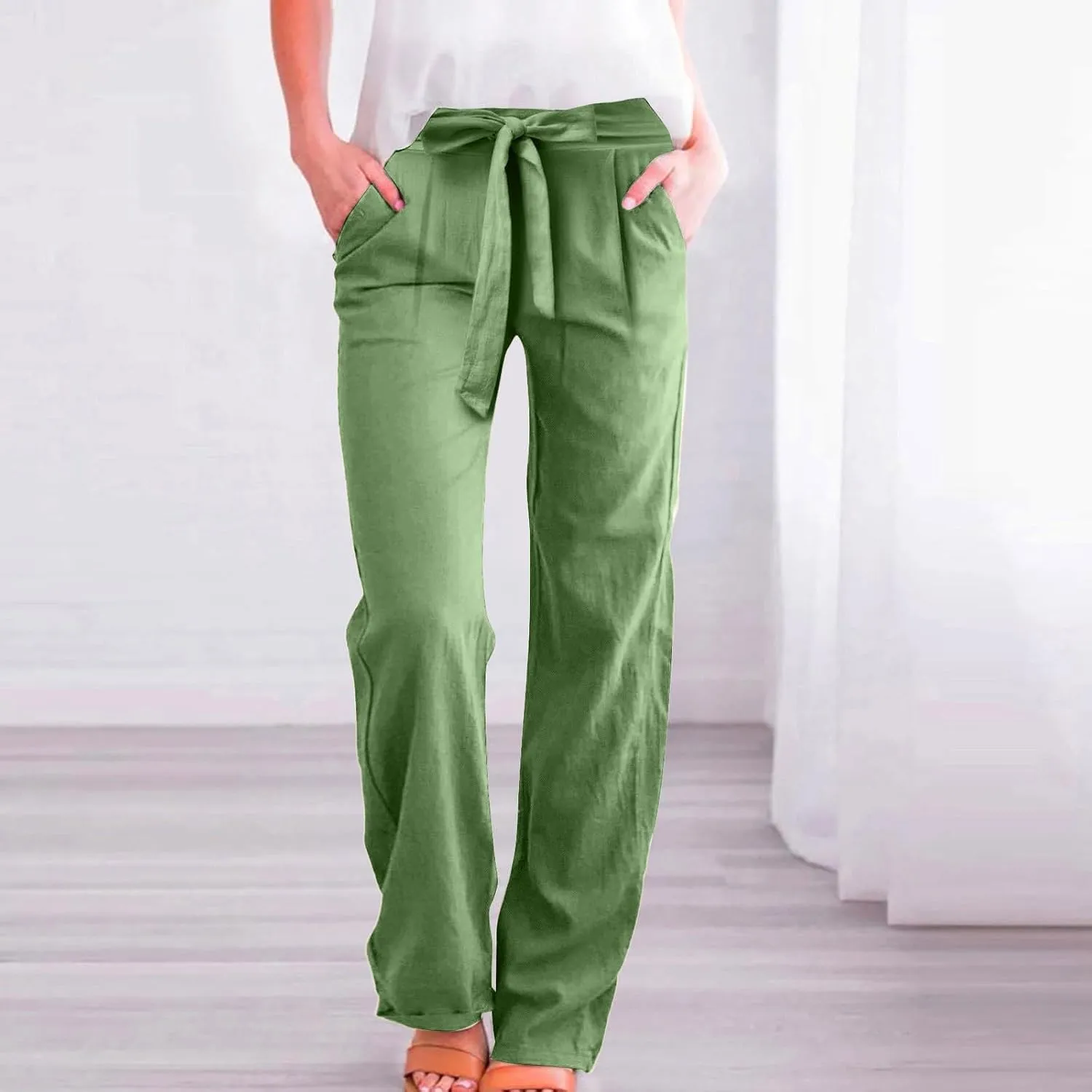 Womens Casual Cotton Linen Pants Drawstring High Waisted Pants Loose Fit Lounge Long Trousers with Pockets