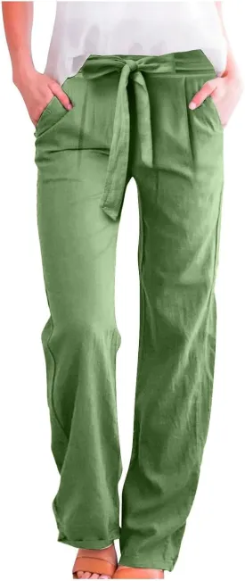Womens Casual Cotton Linen Pants Drawstring High Waisted Pants Loose Fit Lounge Long Trousers with Pockets