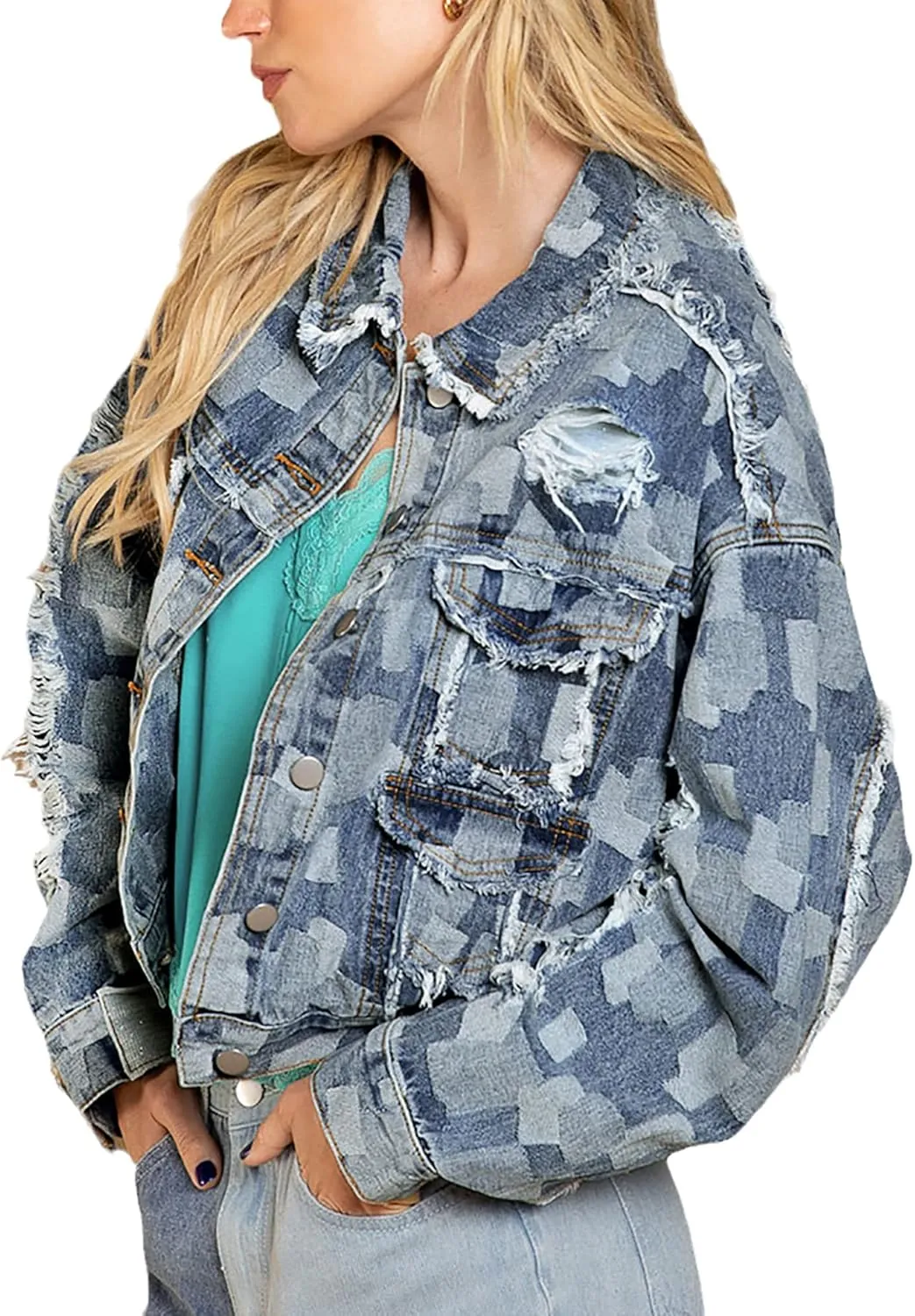 Women's Cropped Denim Jacket Long Sleeve Frayed Hem Boyfriend Jean Jacket