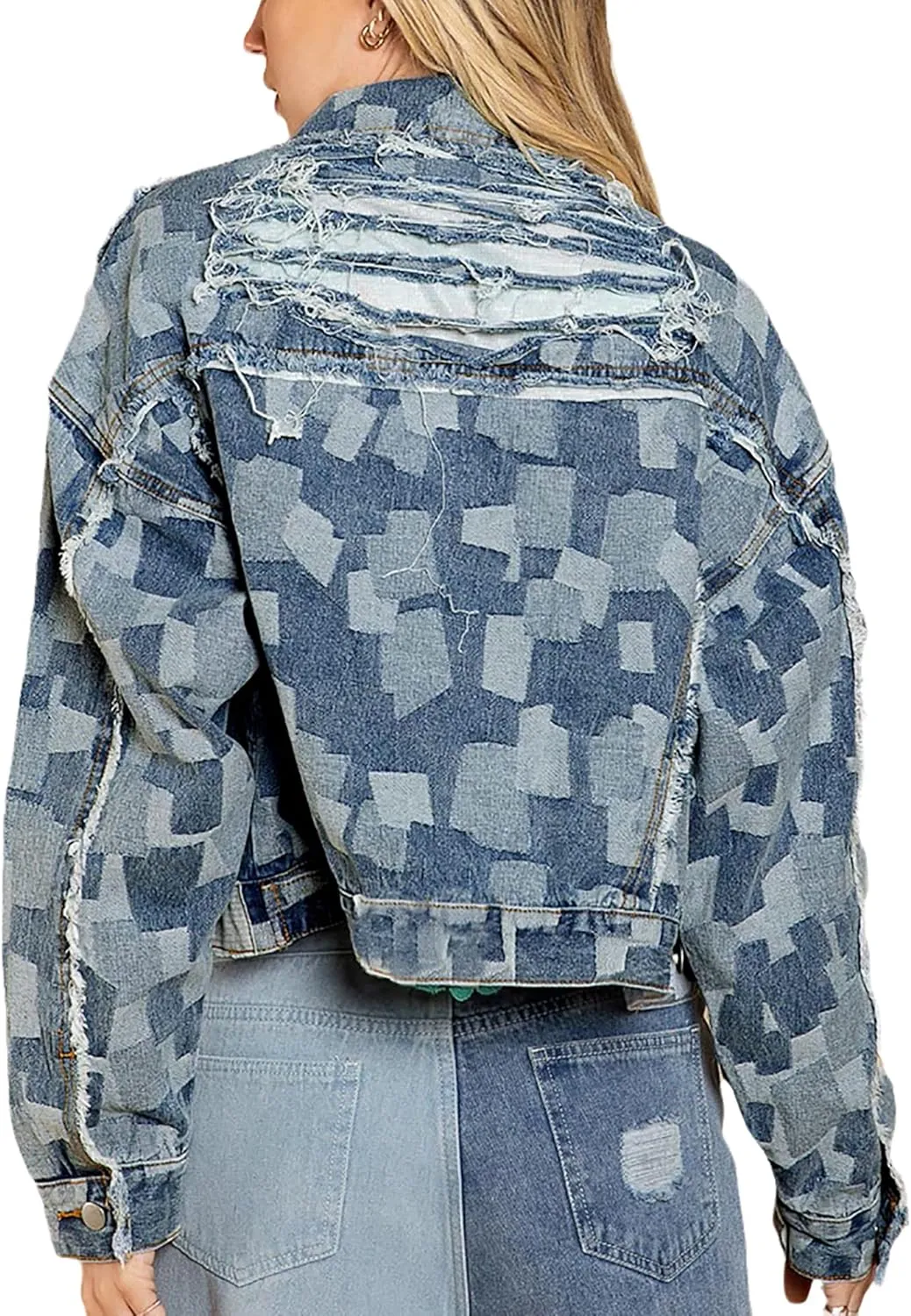 Women's Cropped Denim Jacket Long Sleeve Frayed Hem Boyfriend Jean Jacket