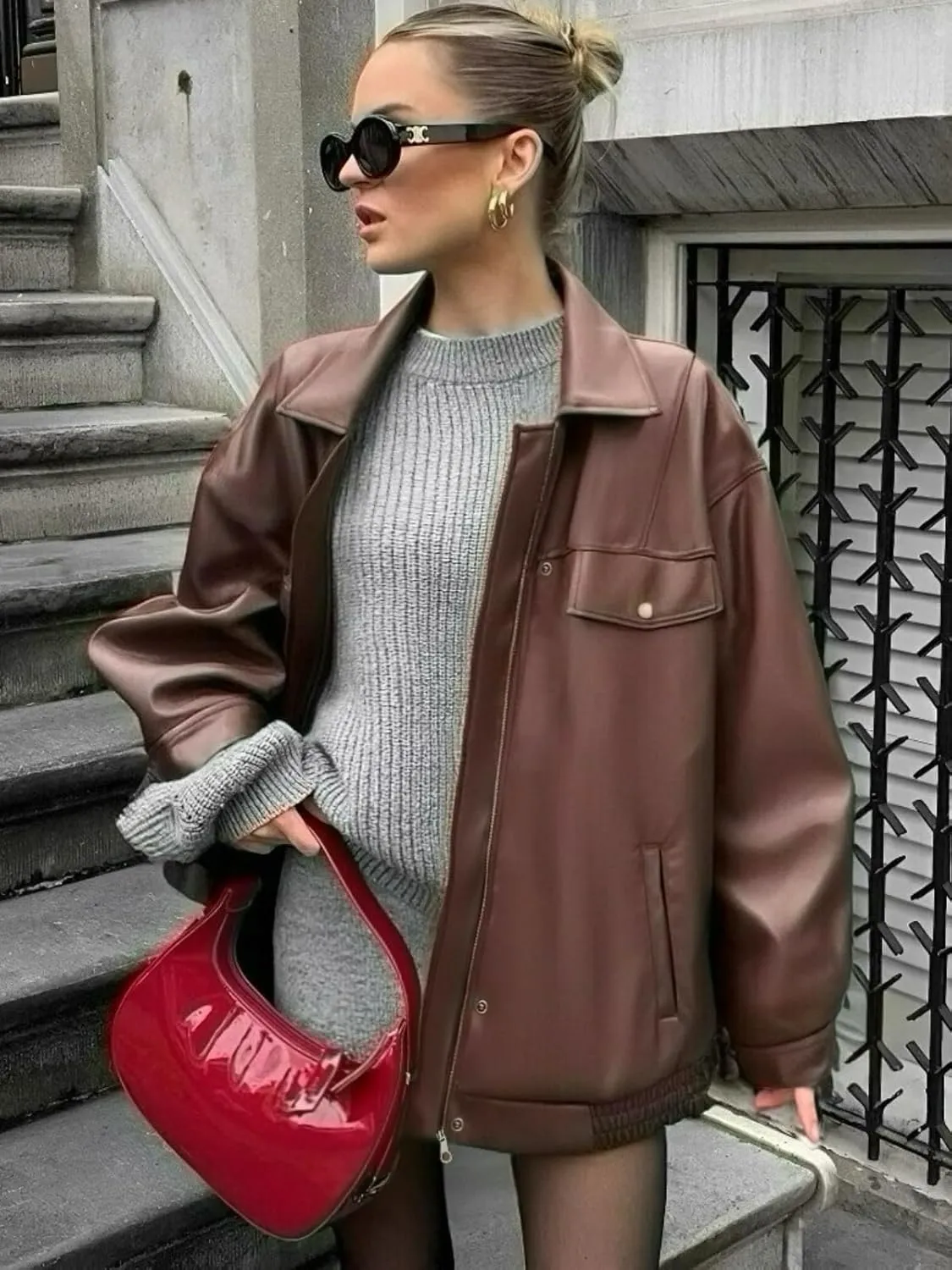 Womens Oversized Leather Jackets Faux Zip Up Motorcycle Bomber Coat Fall Trendy Winter Outfits
